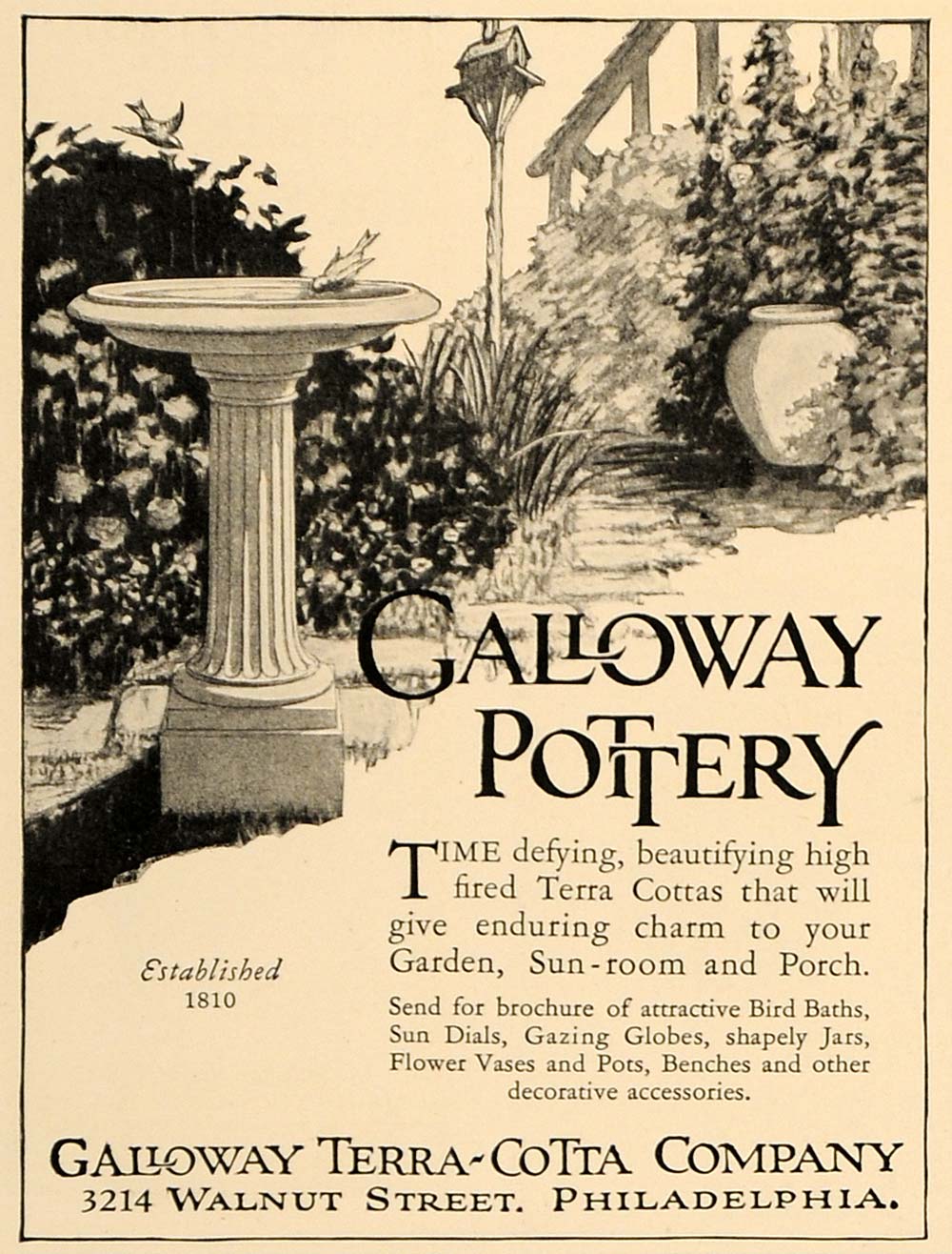1927 Ad Garden Decor Galloway Terra Cotta Pottery Bird - ORIGINAL GHB1