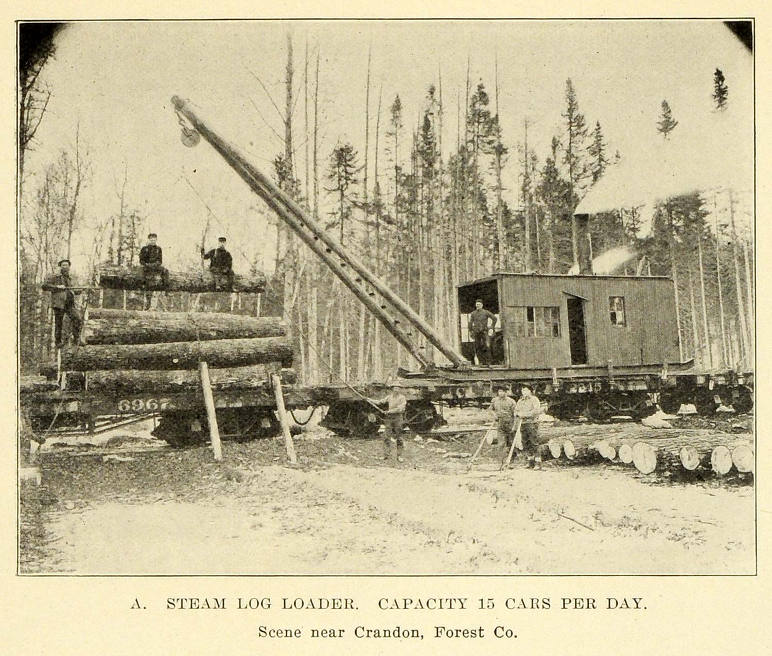 1913 Print Crandon Forest County Wisconsin Steam Log Loader Logging Lumber Wood