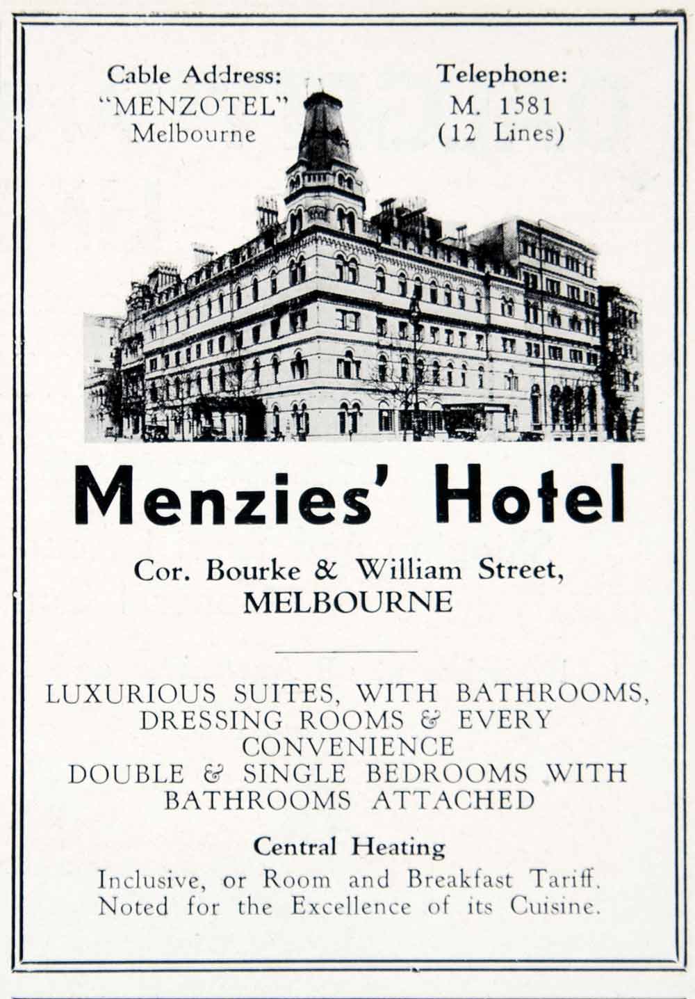 1940 Ad Vintage Menzies Hotel Bourke & William Street Melbourne Austra ...