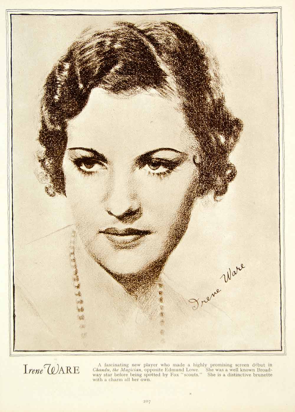 1933 Rotogravure Irene Ware Actress Sketch Portrait Hollywood Star Movies GTS1