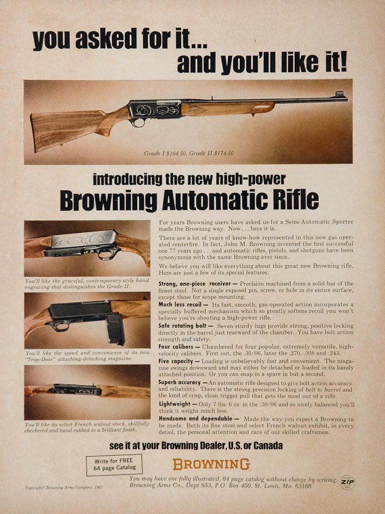 1967 Ad Browning Semi Automatic Sporter Rifle Gun - ORIGINAL ADVERTISING GUNS