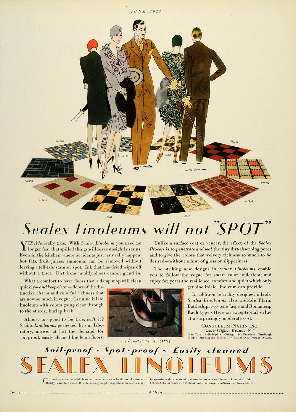 1928 Ad Sealex Linoleums Floors Jaspe Inset Pattern No 5177 Congoleum Nairn HB2