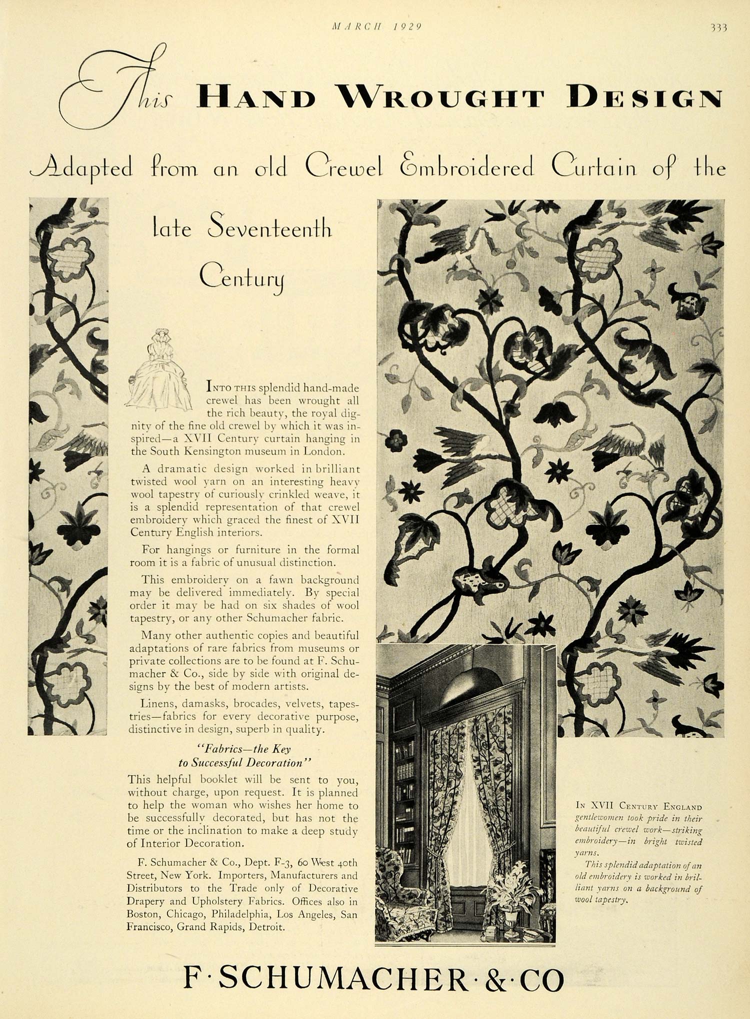 1929 Ad F Schumacher Curtain Pattern England South Kensington London Floral HB2