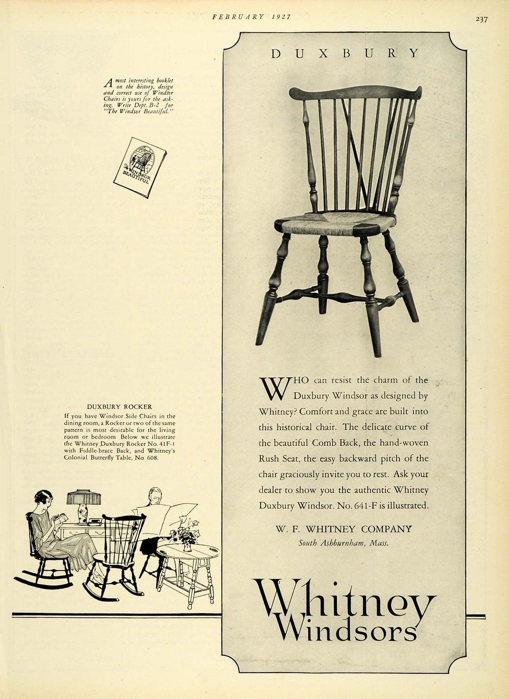 1927 Ad Whitney Windsors South Ashburnham Massachusetts Furniture Rocker HB3