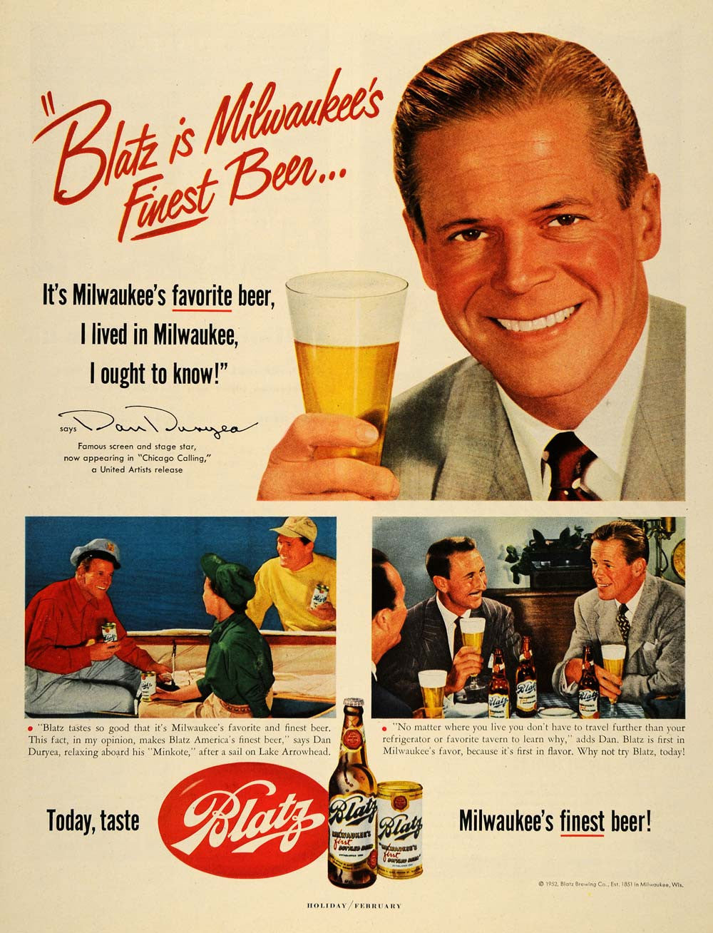 1952 Ad Blatz Brewing Co. Beer Milwaukee Dan Duryea - ORIGINAL ADVERTISING  HDL1