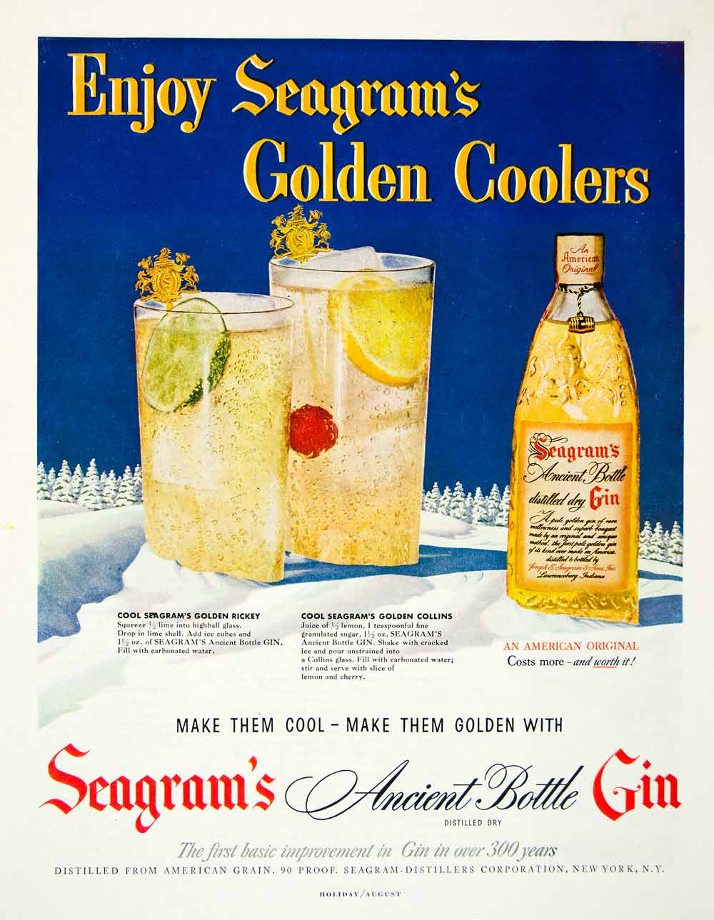 1950 Ad Seagram Ancient Bottle Gin Golden Rickey Collins American Winter HDL2