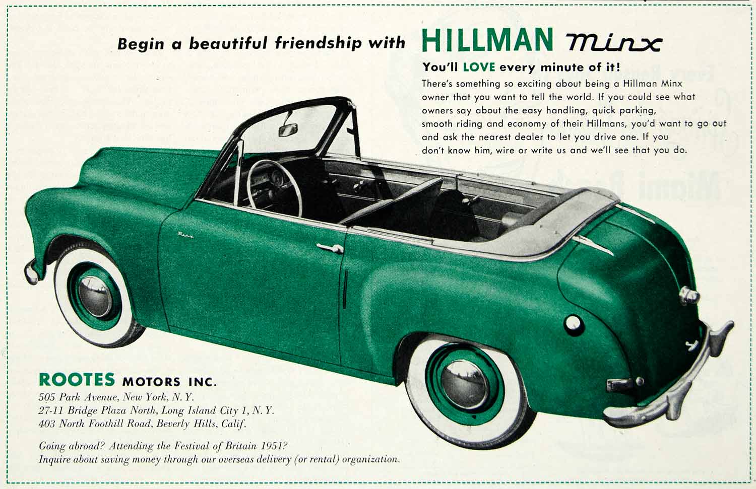 1951 Ad Hillman Minx Rootes Motors Car Travel New York Transportation HDL2