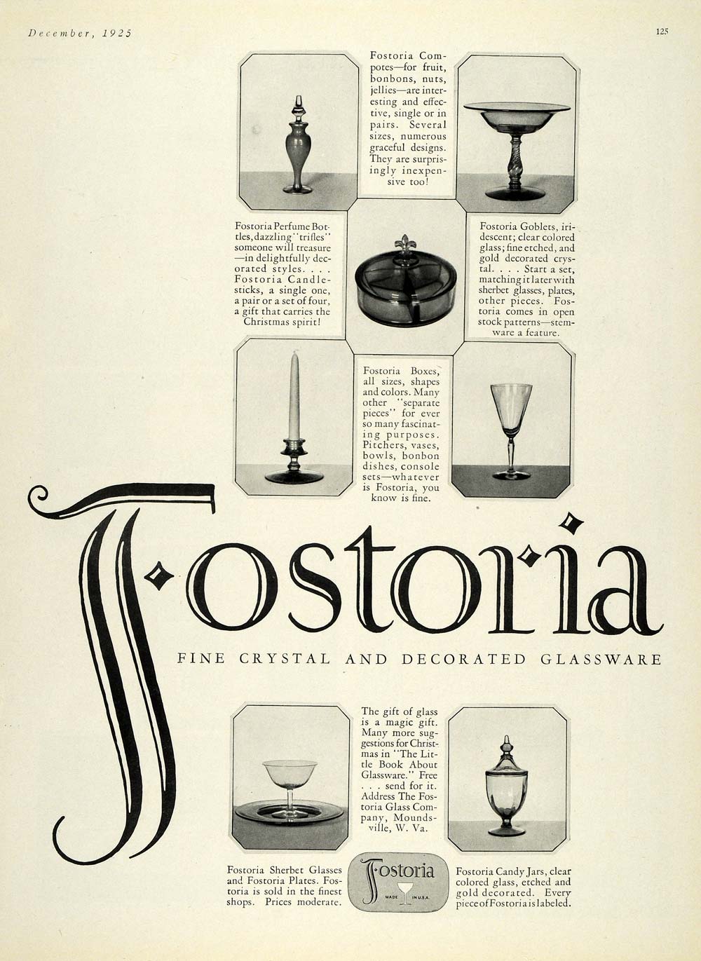 1925 Ad Fostoria Crystal Glassware Decorative Vases - ORIGINAL ADVERTISING HG1