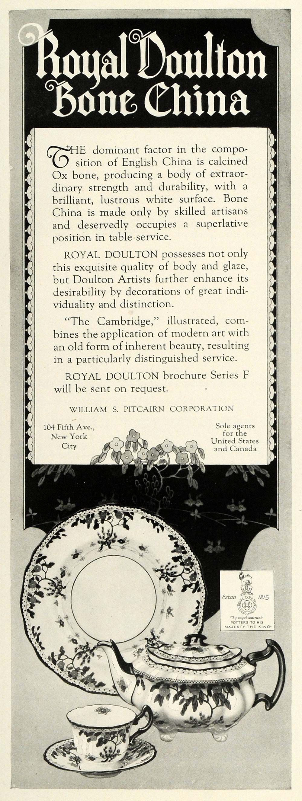 1925 Ad William S. Pitcairn Royal Doulton China Dishes Cambridge Dinnerware HG1