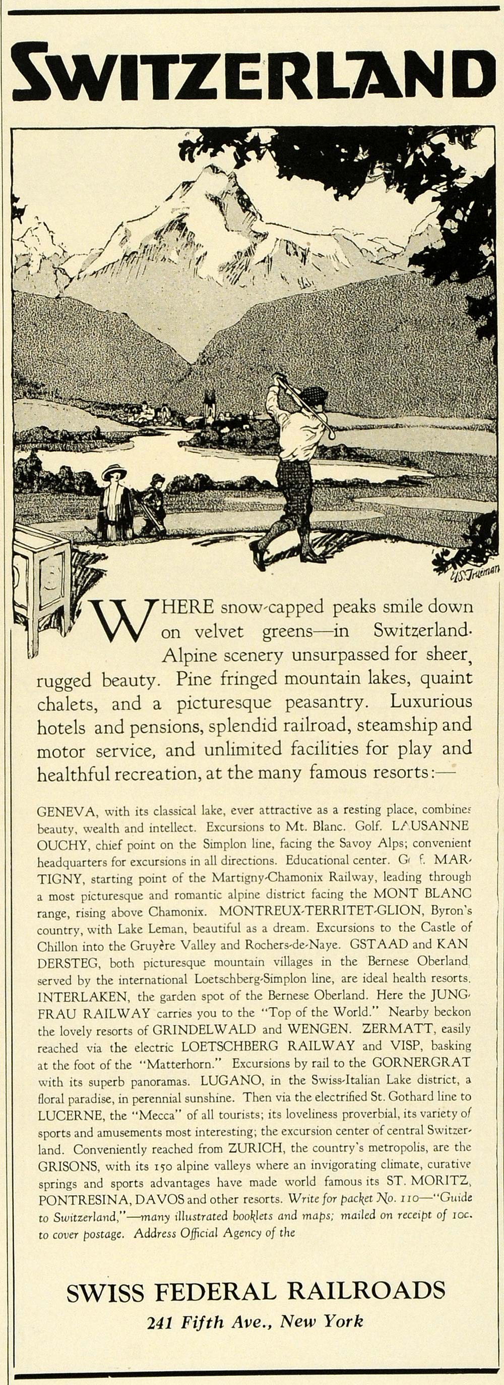 1924 Ad Swiss Federal Railroads Switzerland Travel Golf Leisure Recreation HG1