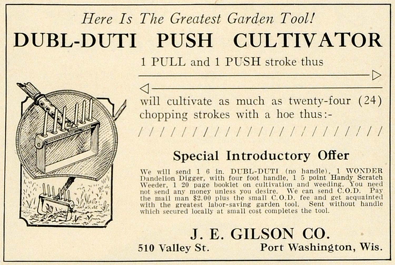 1925 Ad J. E. Gilson Dubl-Duti Cultivator Garden Tool Cultivating Weeding HG1