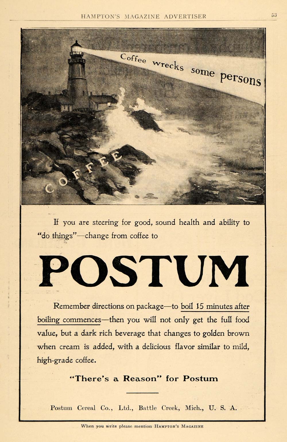 1910 Ad Postum Cereal Coffee Substitute Lighthouse Battle Creek Michigan HM1