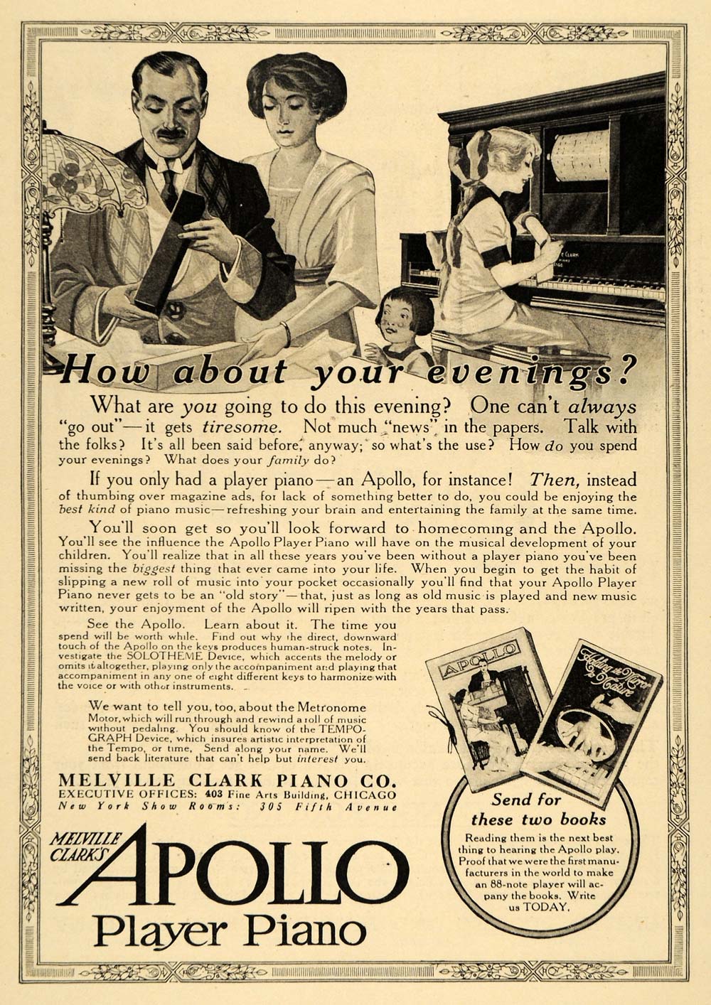 1911 Ad Melville Clark Apollo Player Piano Family Time Instrument Kids Music HM1