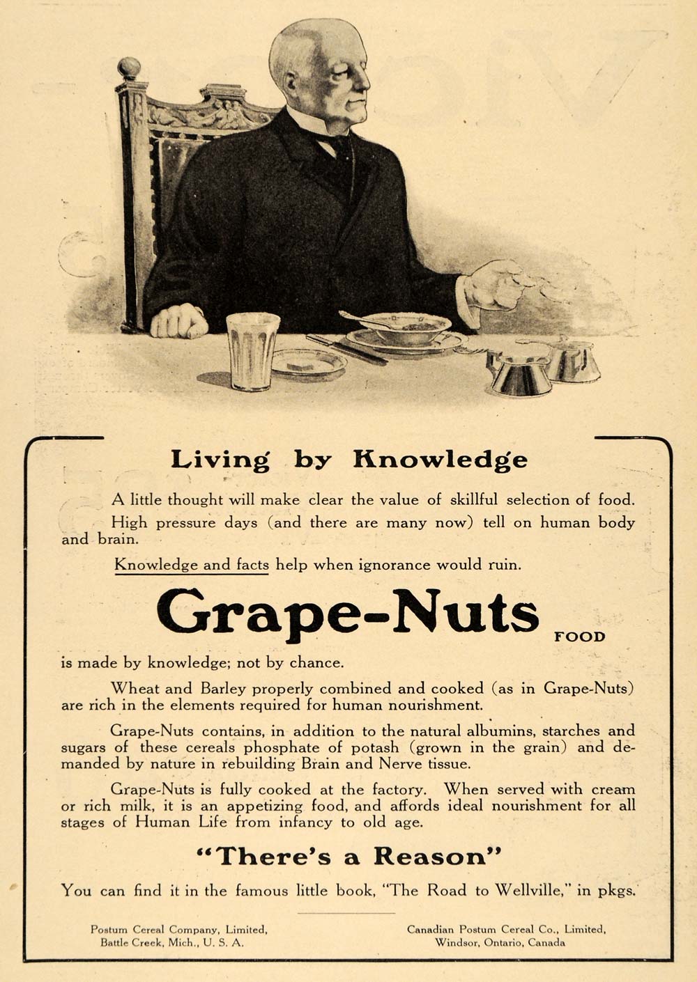 1911 Ad Postum Cereal Grape Nuts Old Man Dining Table Breakfast Food Eat HM1