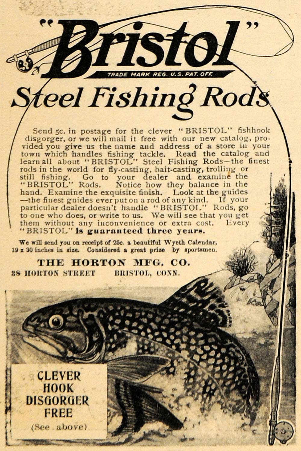 1910 Ad Bristol Steel Fishing Rods Hook Disgorger - ORIGINAL