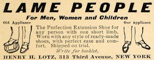 1910 Ad Lame People Henry H. Lotz Extension Shoe NY - ORIGINAL ADVERTISING HM1