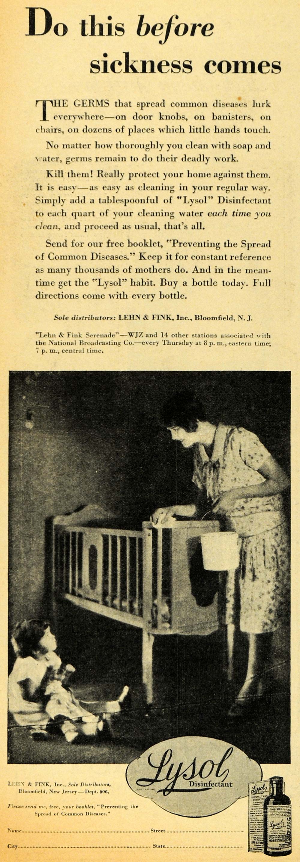 1929 Ad Lysol Disinfectant Sickness Spread Crib Cleaner - ORIGINAL HOH1