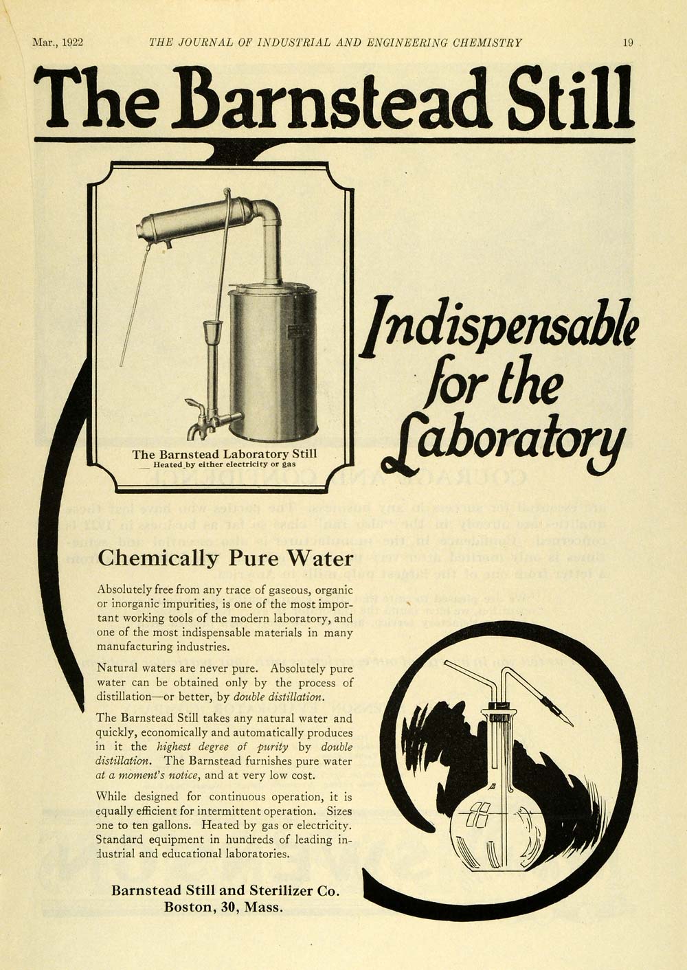 1922 Ad Laboratory Chemically Pure Water Barnstead Gas Distillation IEC1