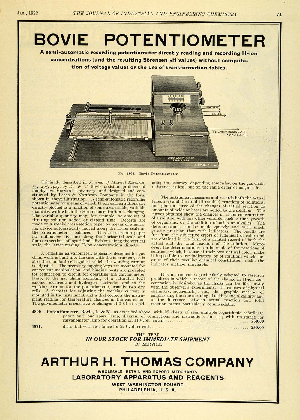 1922 Ad Bovie Potentiometer Arthur H. Thomas H Ion Concentration Scientific IEC1