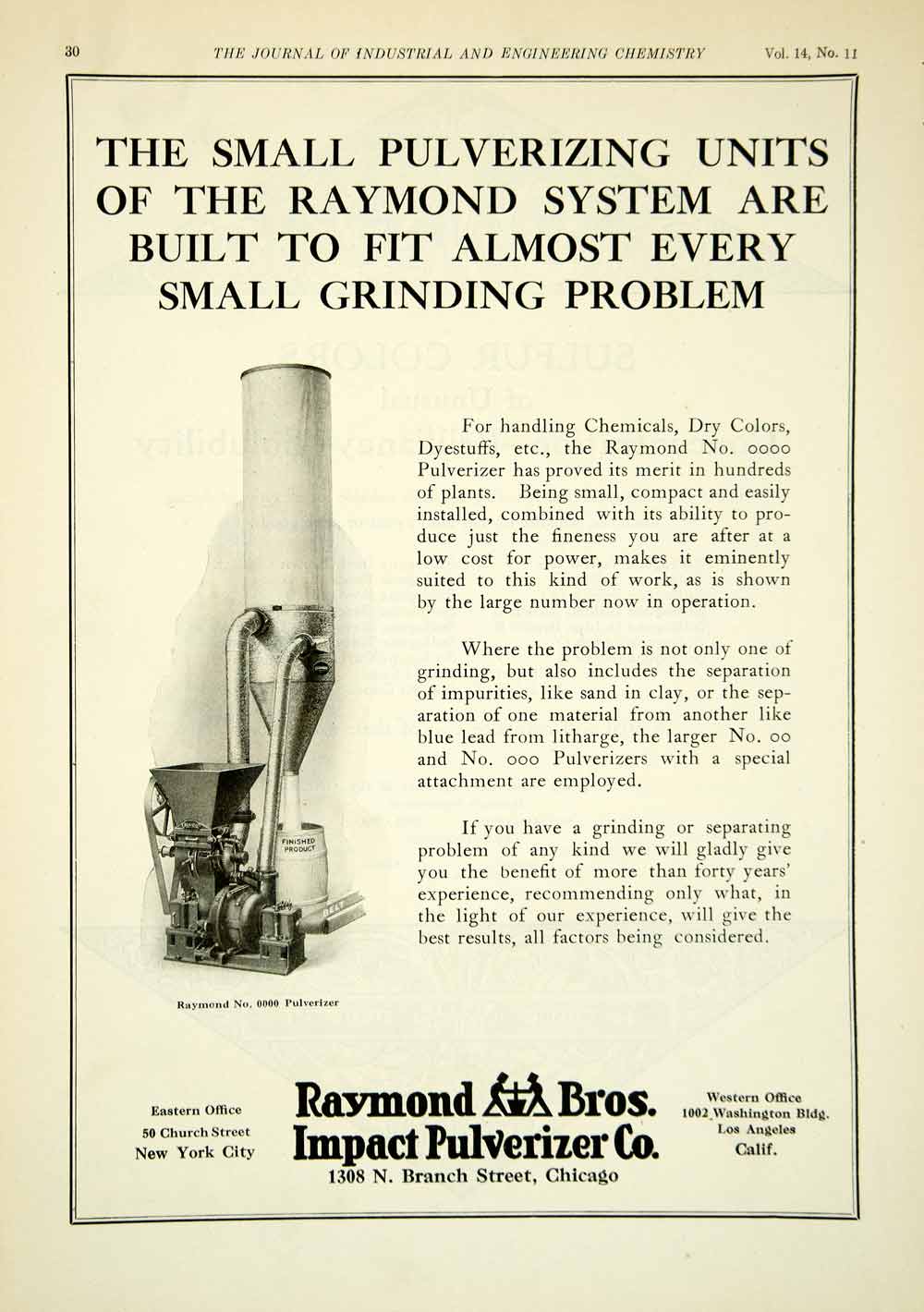 1922 Ad Raymond Bros No 0000 Impact Pulverizer Industrial Machinery Factory IEC2