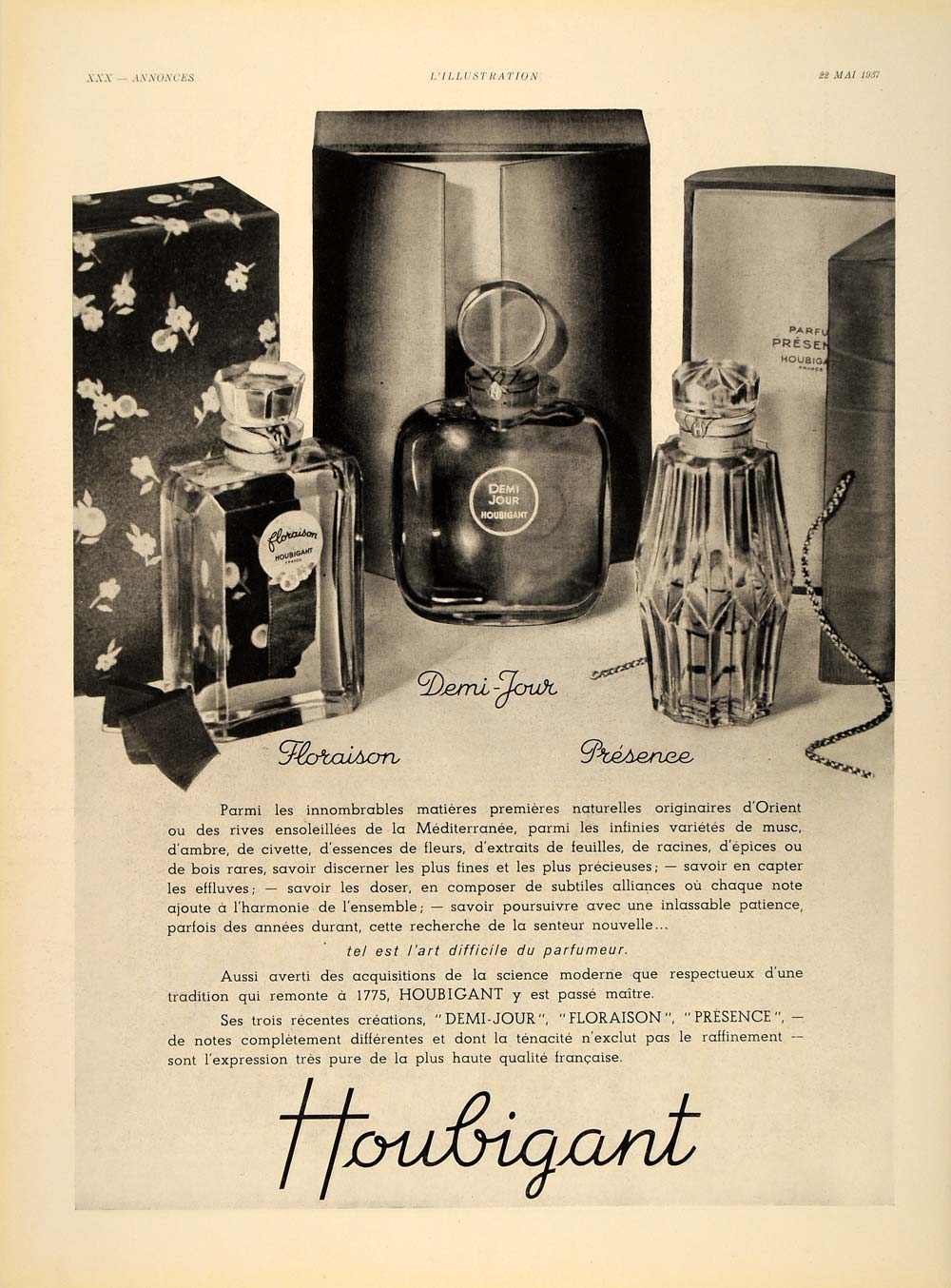 1937 French Ad Houbigant Parfums Perfumes Bottles Boxes - ORIGINAL ILL1