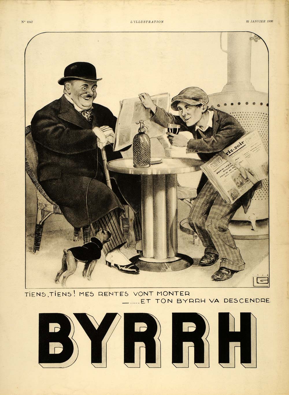 1936 French Ad Byrrh Wine Newsboy Dog Georges Leonnec - ORIGINAL ILL1