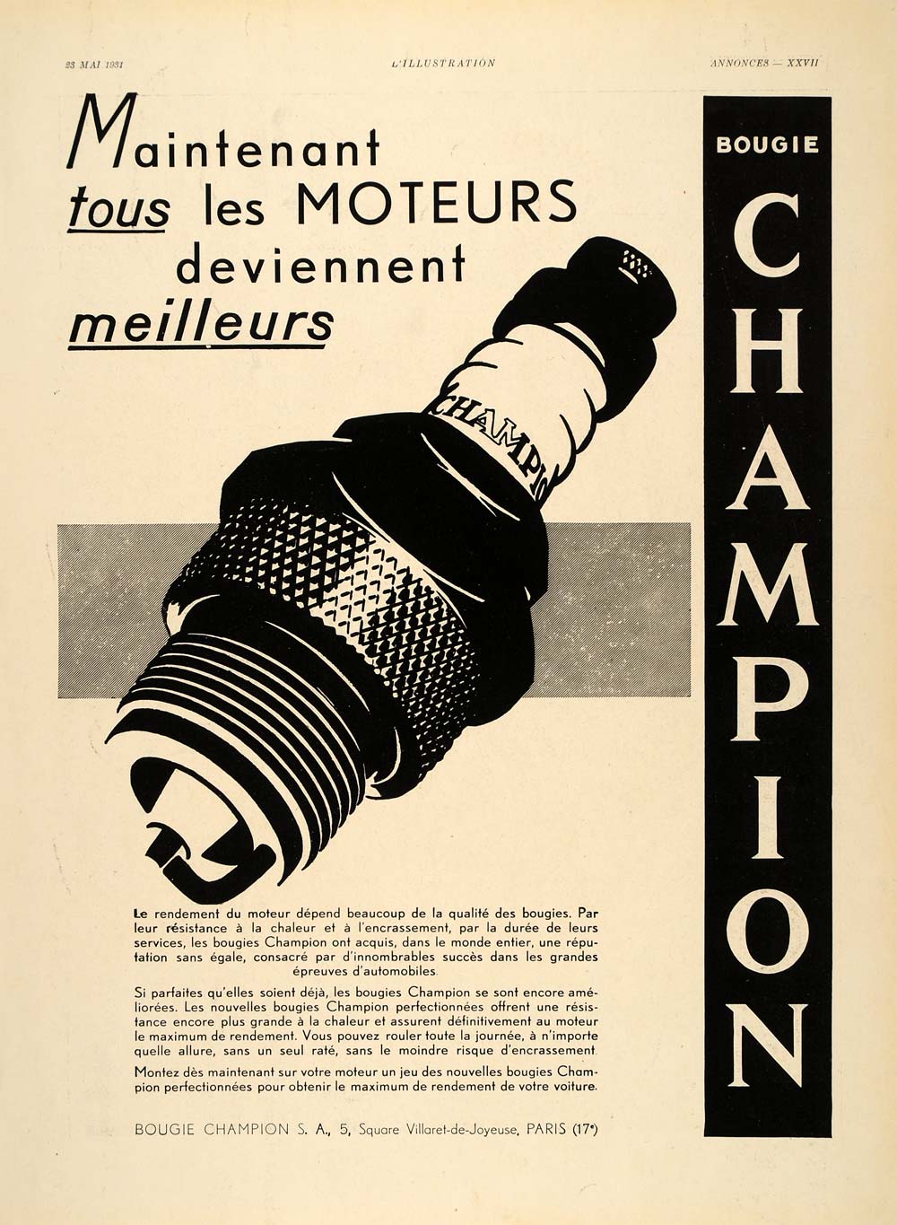 1931 French Ad Champion Spark Plugs Bougie Automobile - ORIGINAL ILL2