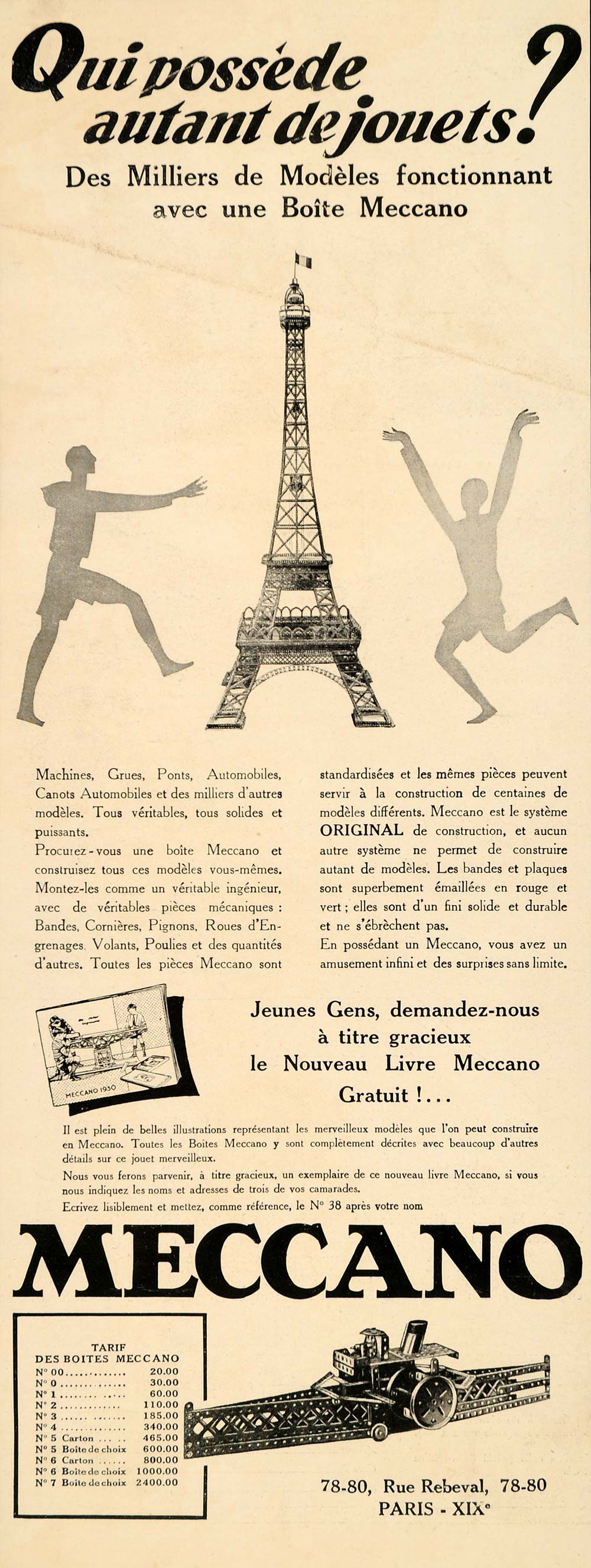 1929 Ad French Meccano Models Eiffel Children Build - ORIGINAL ADVERTISING ILL3