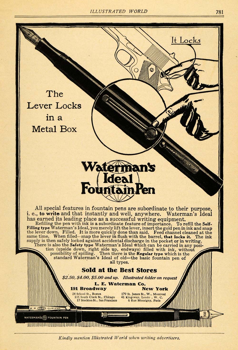 1918 Ad Lewis Waterman's Fountain Pen Writing Gun Ink - ORIGINAL ILW1