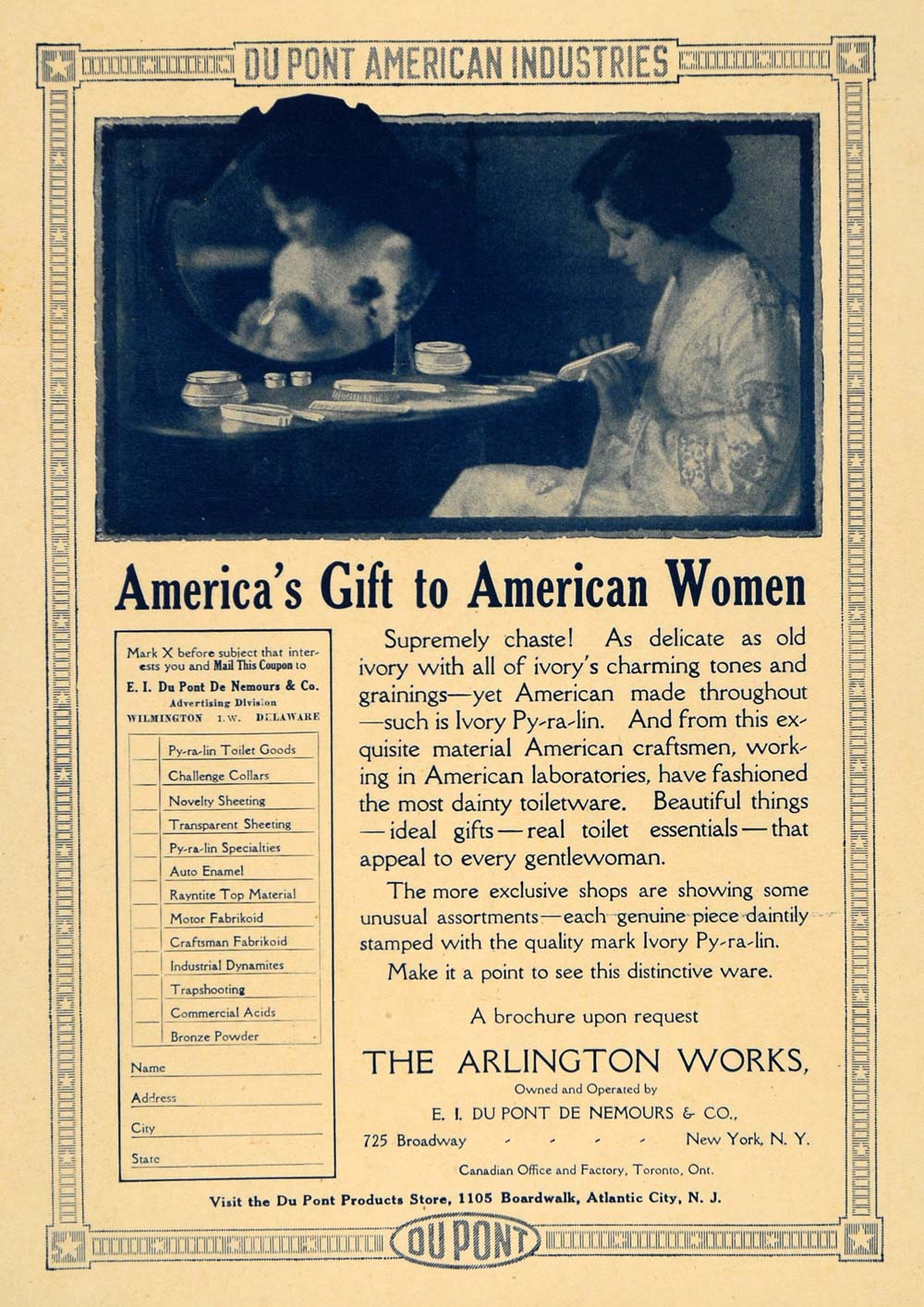 1918 Ad Arlington Works Women Ivory Toiletries Du Pont - ORIGINAL ILW1