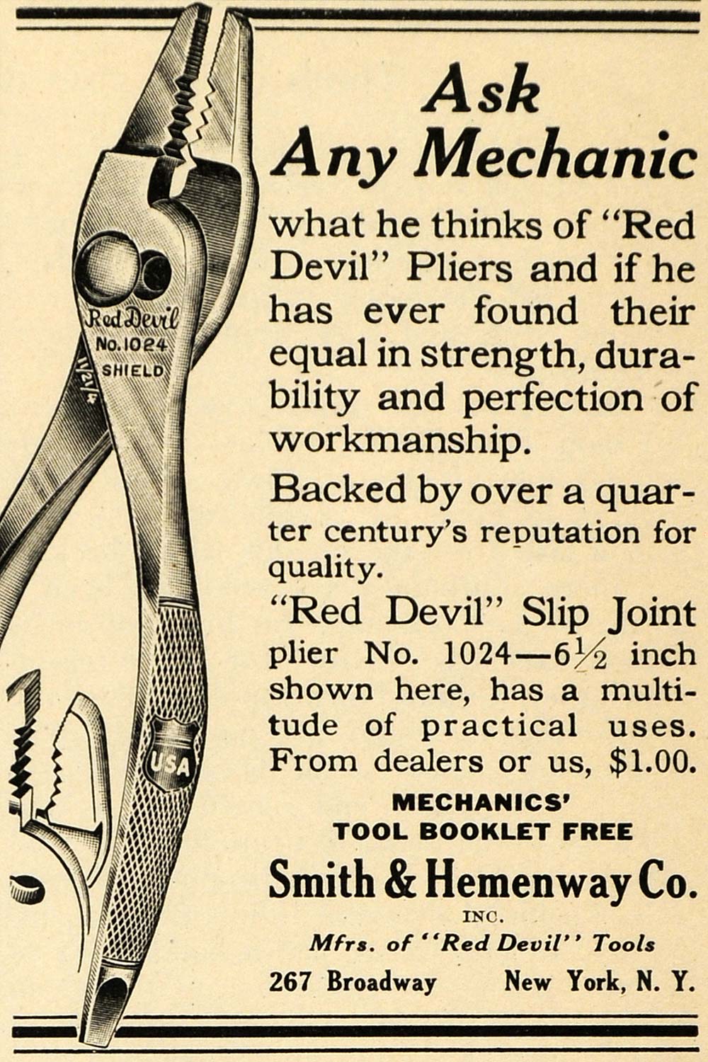 1922 Ad Smith Hemenway Hardware Tools Red Devil Pliers - ORIGINAL ILW2