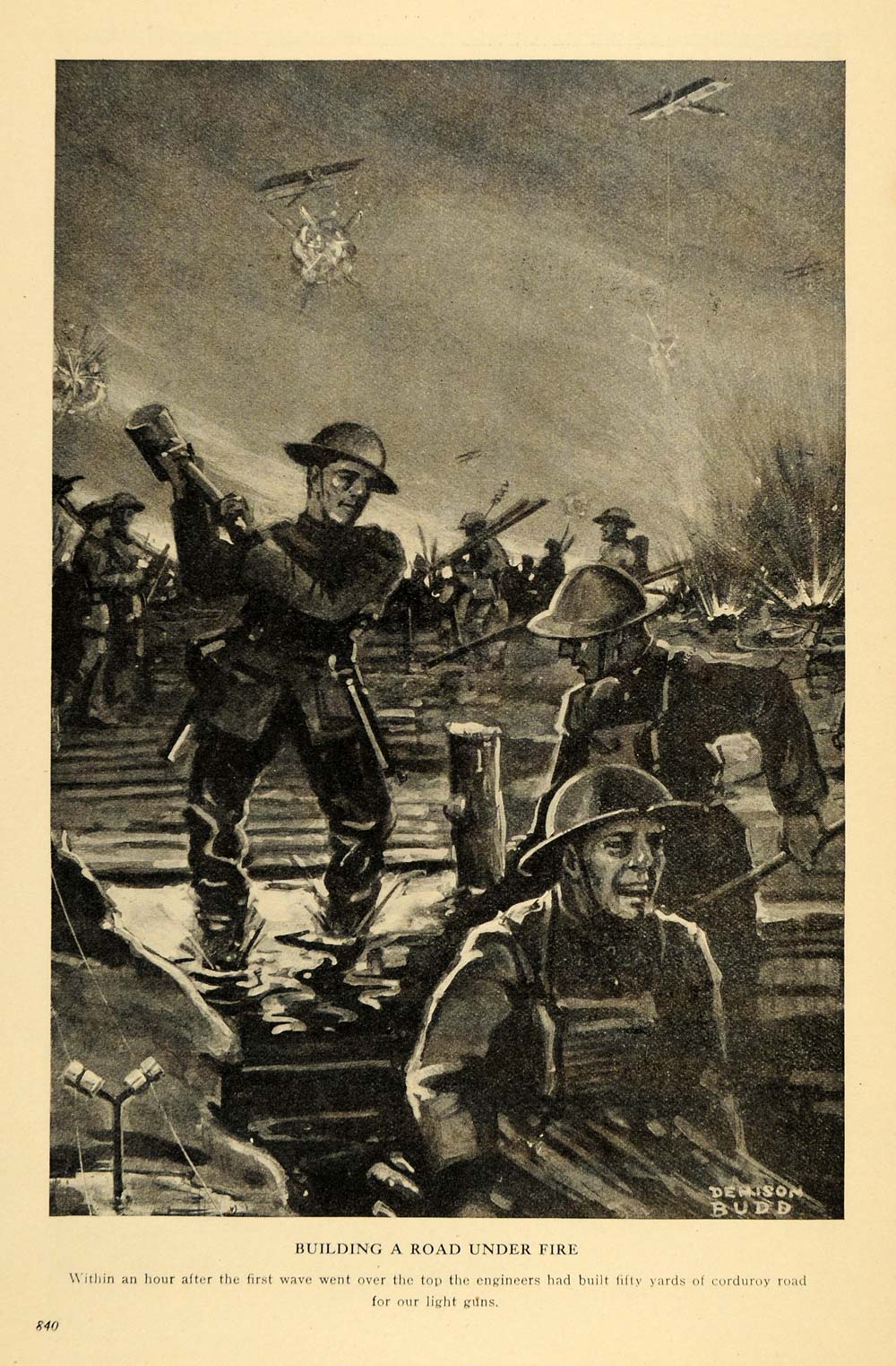 1918 Print Road Fire Engineers Corduroy War Guns Budd - ORIGINAL HISTORIC ILW2