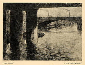 1900 Print River Thames Bridge Pillar Waves Drawing Art ORIGINAL HISTORIC INS2