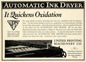 1925 Ad United Printing Machinery Co Automatic Ink Dryer UPM Vintage Machine IP1