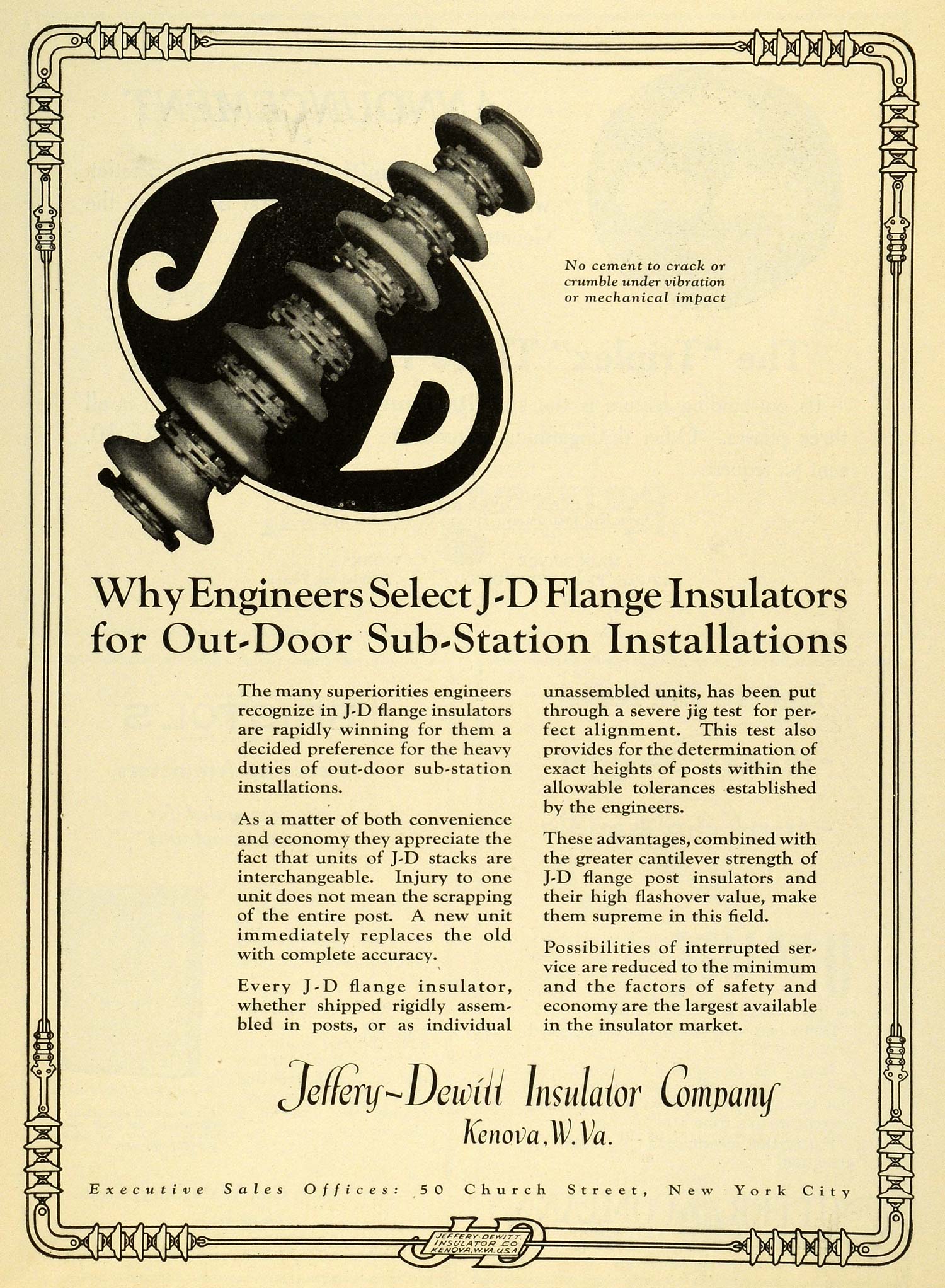 1923 Ad Jeffery-Dewitt Insulator Kenova J-D Flange Electric Power JEE1