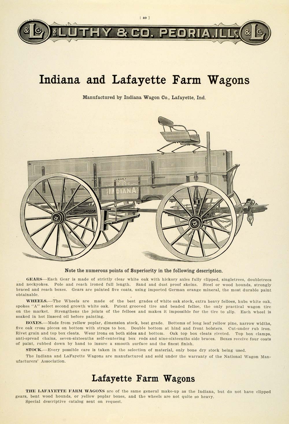 1912 Ad Indiana Lafayette Farm Wagons Horse-drawn Luthy Company Peoria IL LAC2