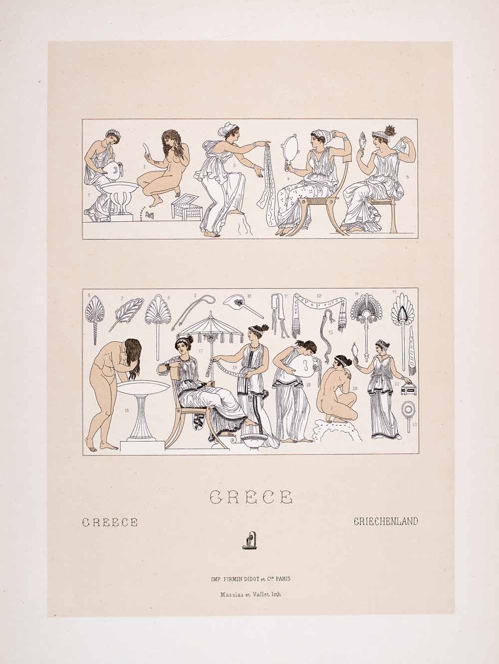 1888 Chromolithograph Ancient Greece Nude Bathing Ritual Fan Toilette Dress LCH1