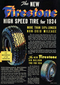1934 Ad Firestone High Speed Air Balloon Tire Auto Car - ORIGINAL LD1