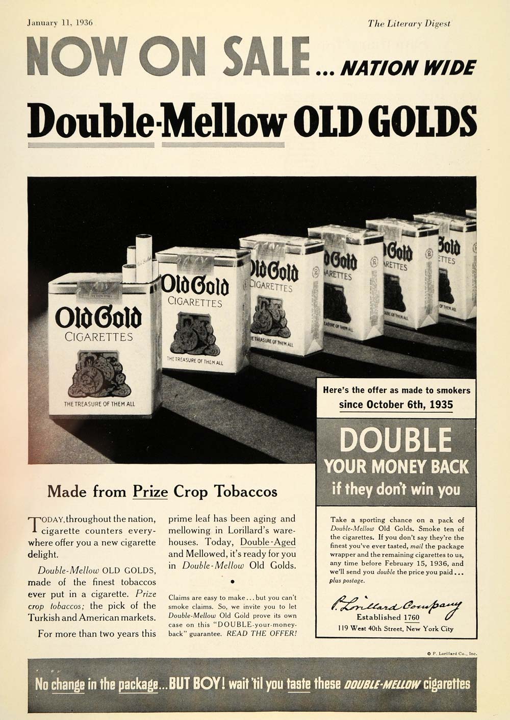 1936 Ad Old Gold Cigarettes Pack P. Lorillard Company - ORIGINAL ADVERTISING LD1