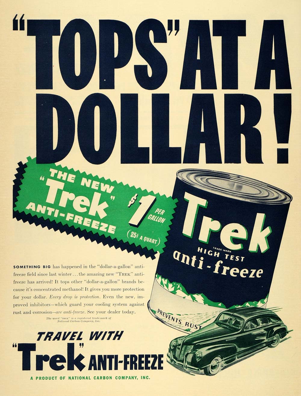 1940 Ad Trek Anti-Freeze National Carbon Company Rust - ORIGINAL ADVERTISING LF3