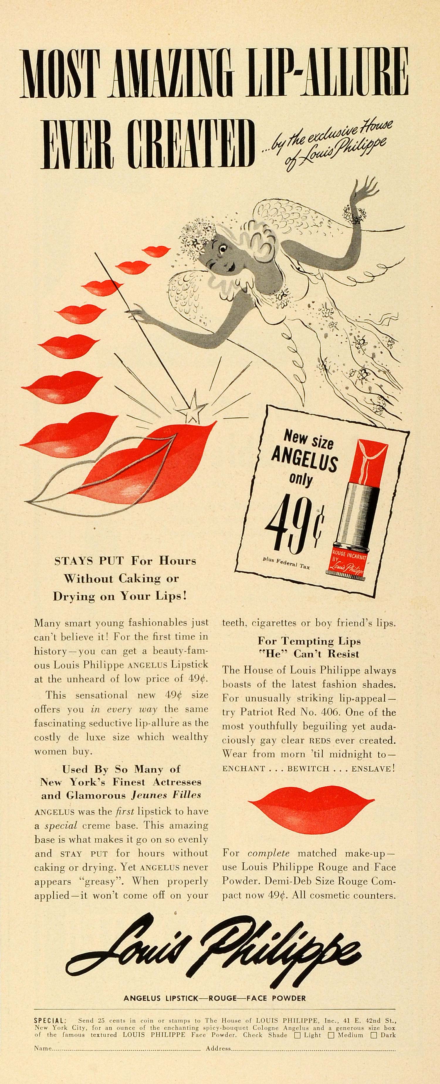 Print Ad 1940's Louis Philippe Angelus Makeup Rouge Lipstick  Bewitching Leg