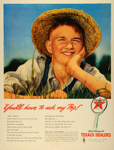 1942 Ad Texaco Motor Oil Farmer Boy Straw Hat Overalls Automobile Lubricant LF4