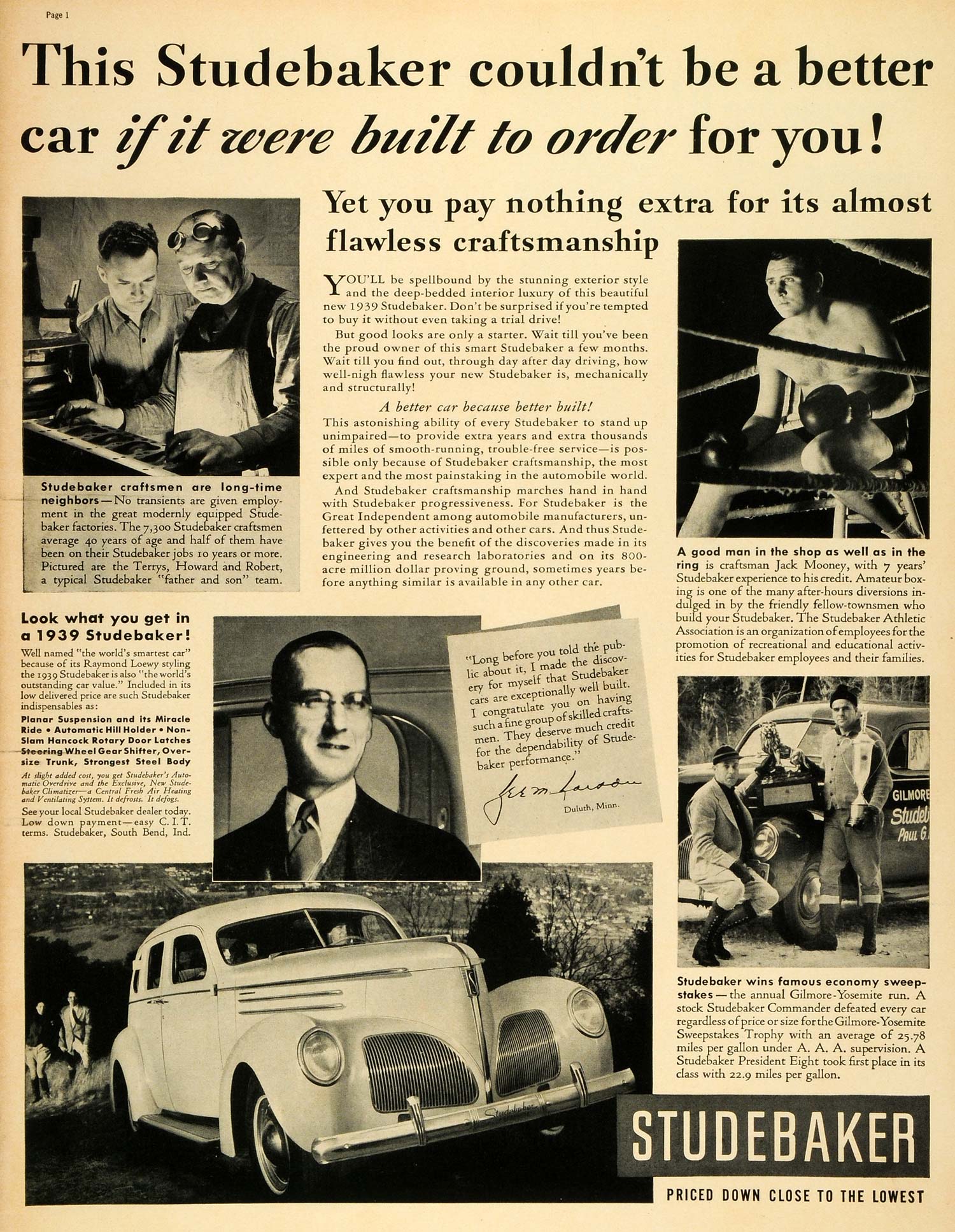 1939 Ad Vintage Studebaker Cars Engineering Jack Mooney Gilmore Yosemite Run LF5