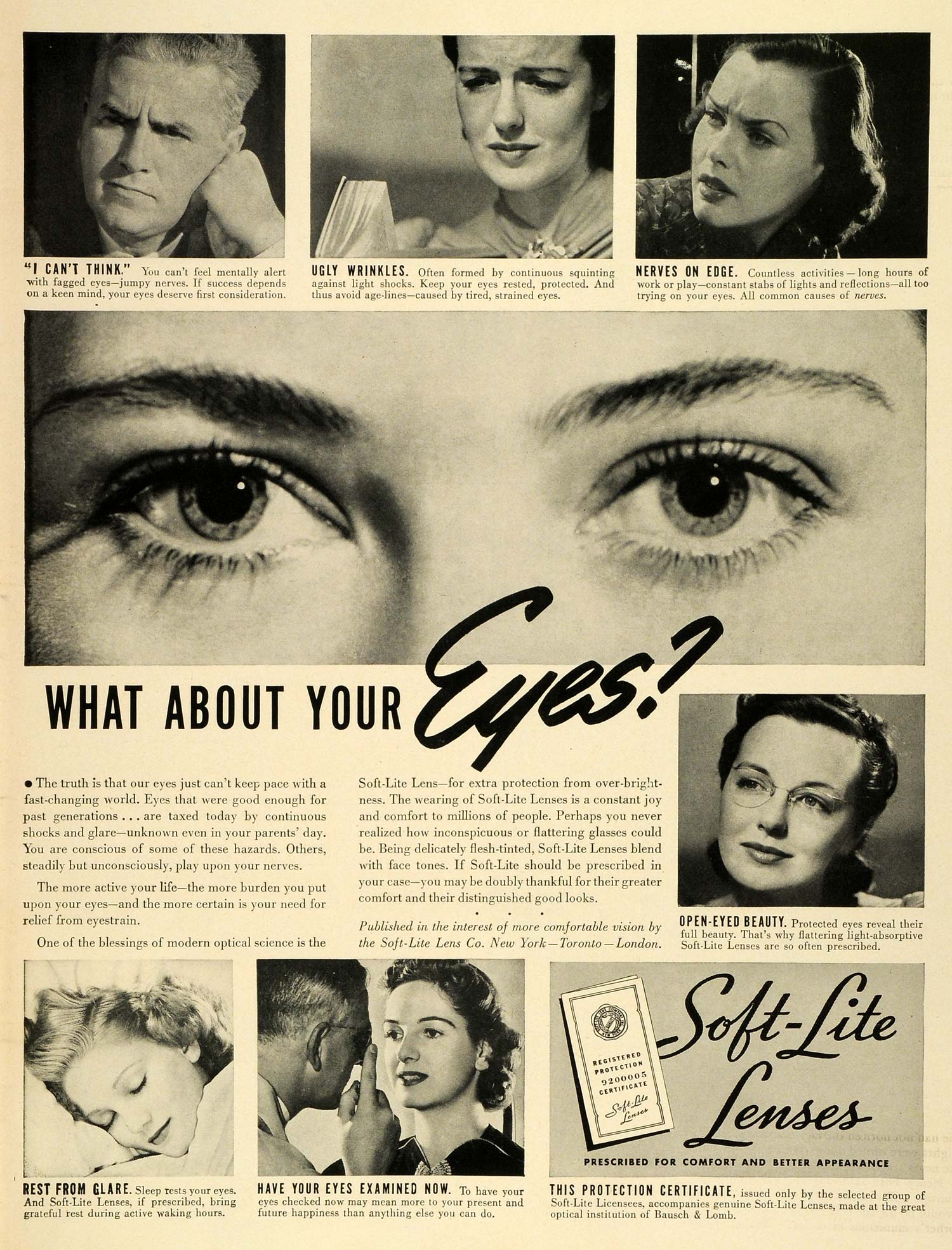 1939 Ad Soft-Lite Lens Eyes Lenses Glasses Bausch & Lomb Optical Institution LF5