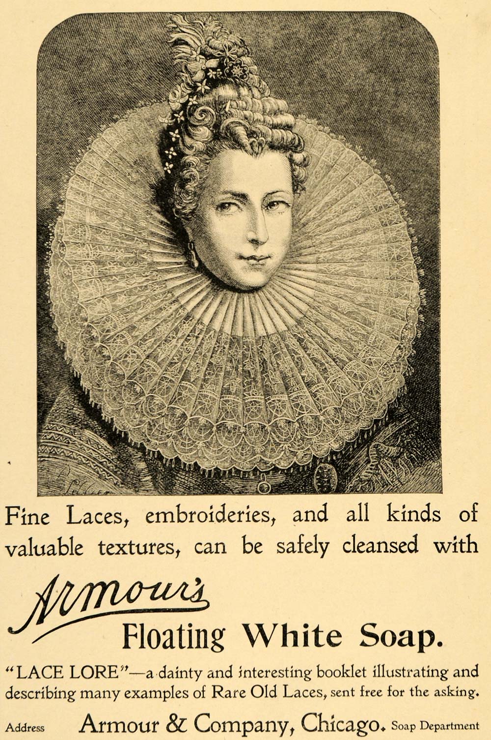 1897 Ad Floating White Soap Armours Ruff Collar Woman - ORIGINAL LHJ3