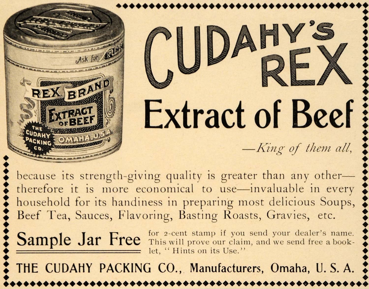 1899 Ad Cudahys Rex Extract Beef Cooking Roasts Flavor - ORIGINAL LHJ4