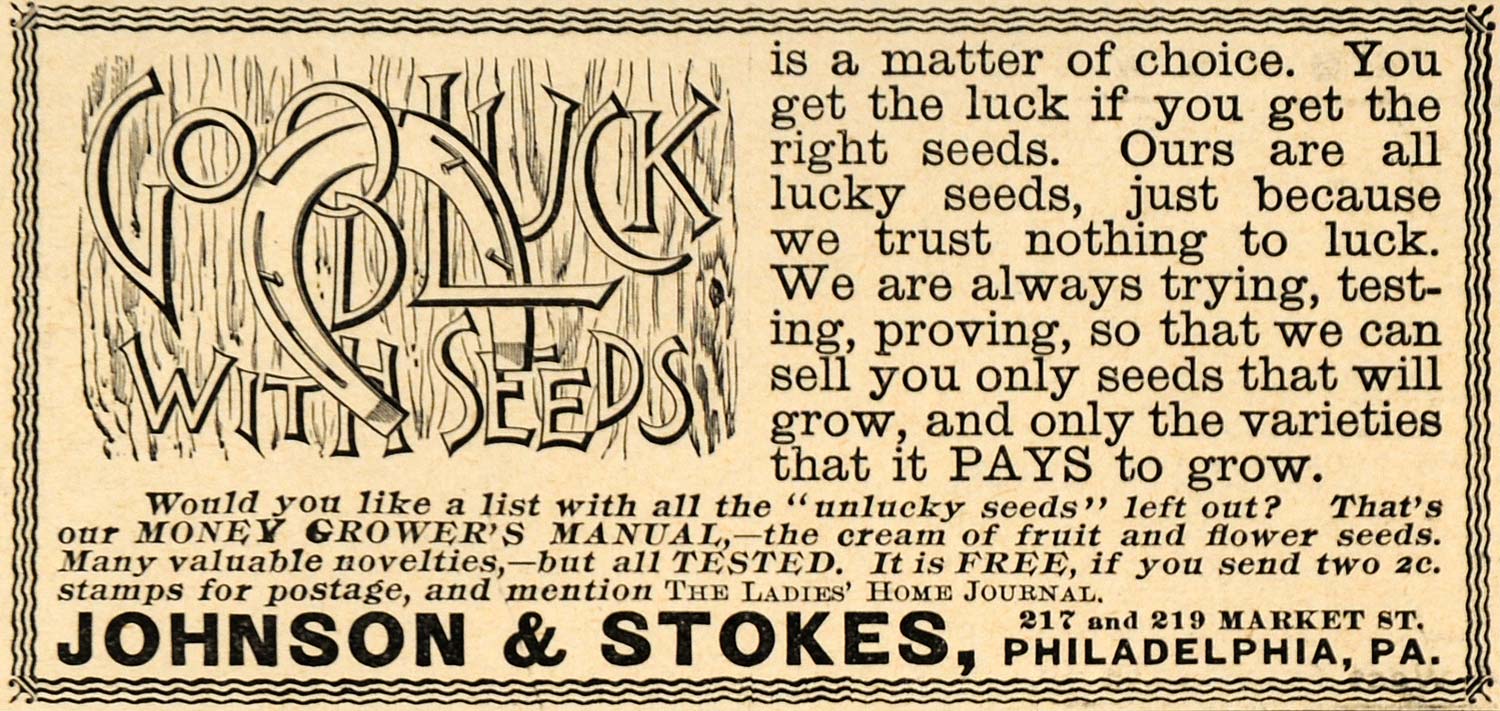 1892 Ad Johnson Stokes Lucky Seeds Money Growers Manual - ORIGINAL LHJ4