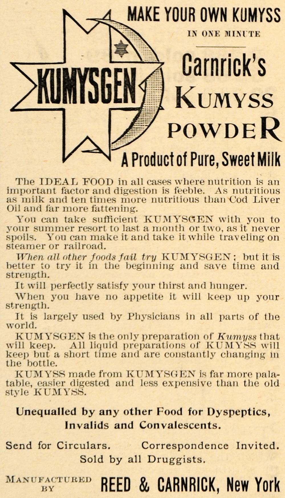 1892 Ad Reed & Carnrick Humyss Powder Food New York - ORIGINAL ADVERTISING LHJ4