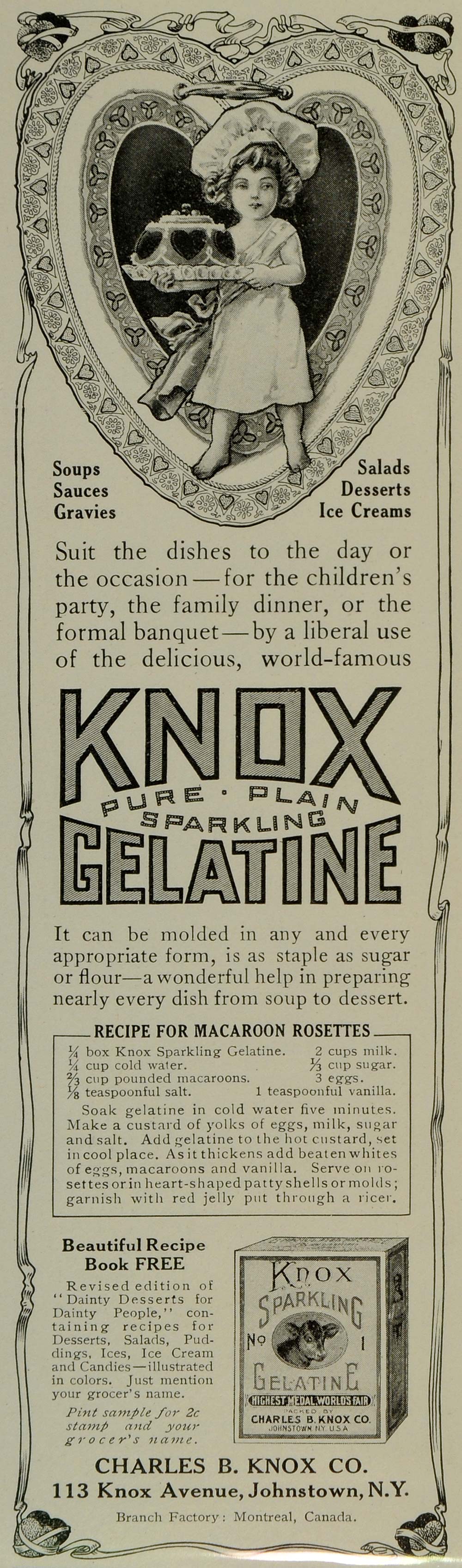 1900 Ad C. B. Knox Gelatine Desserts Cake Mold Boy Chef Medals New