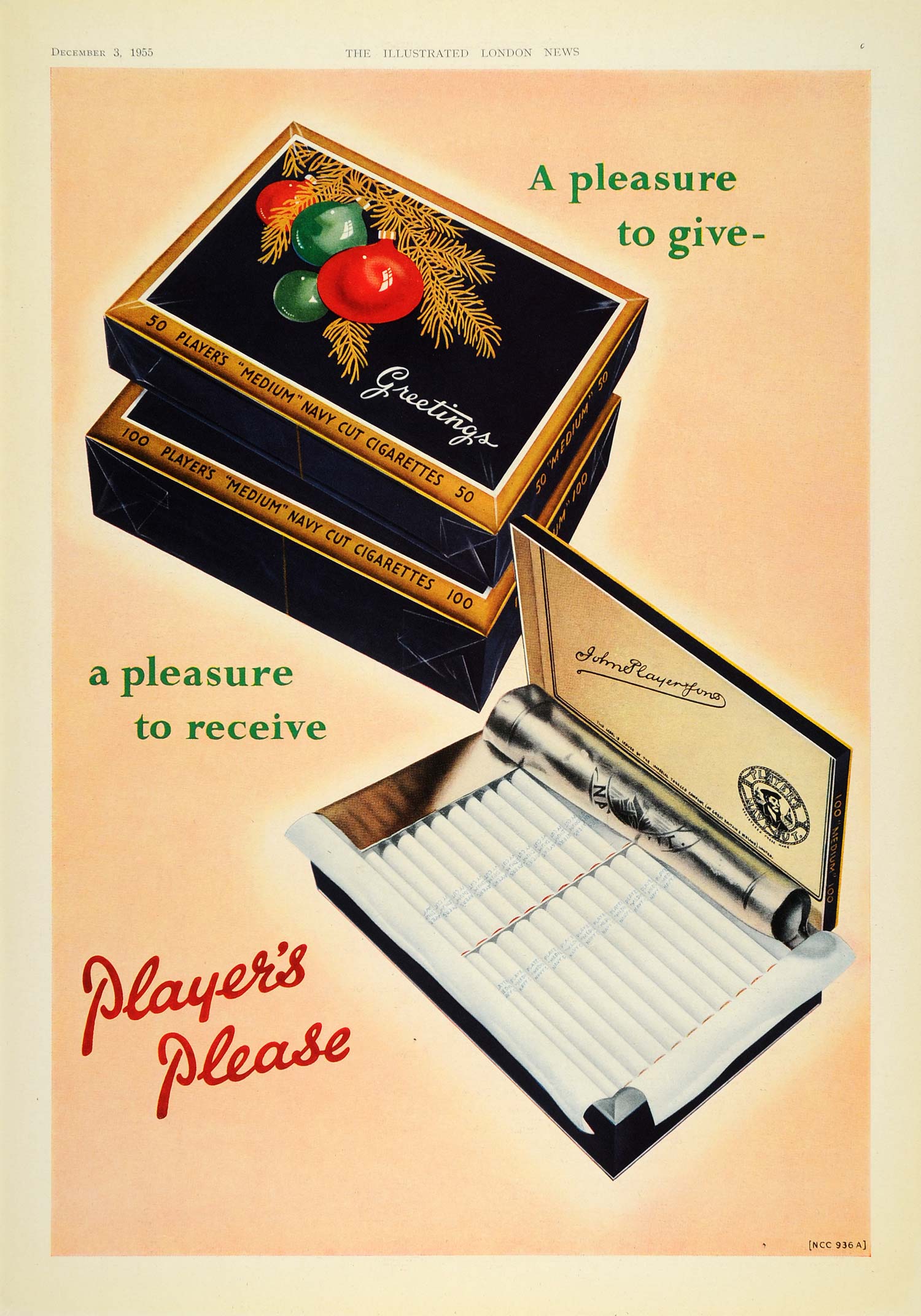1955 Ad Player's Navy Cut Cigarettes Christmas Gift Box - ORIGINAL LN1